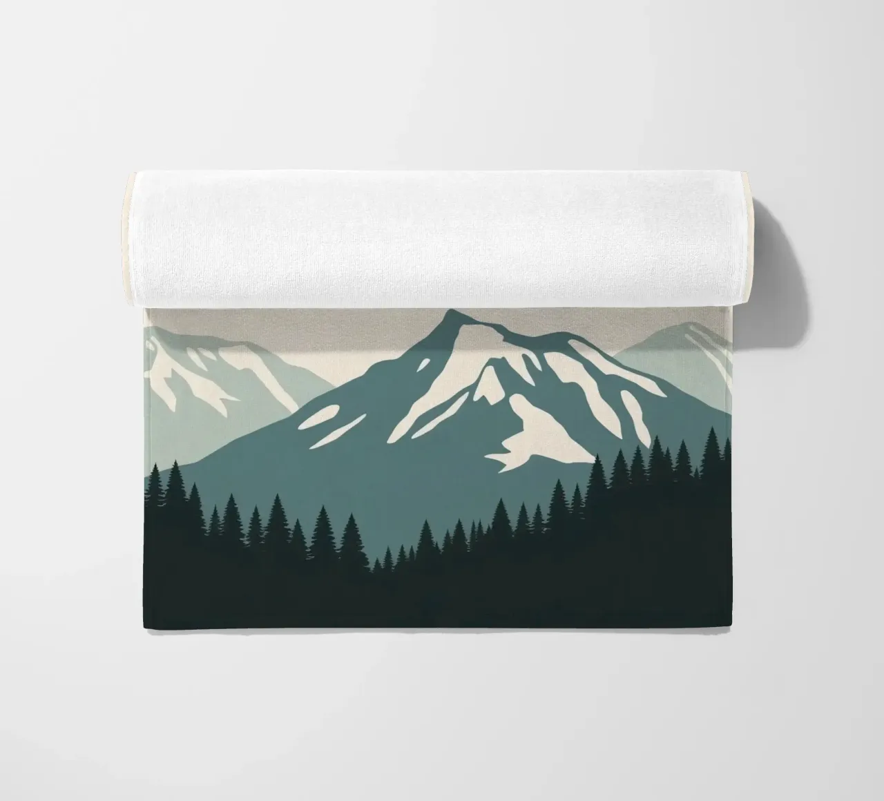 Mountains and trees art with text 'Adventure Awaits' beach towel by DesignDoodle