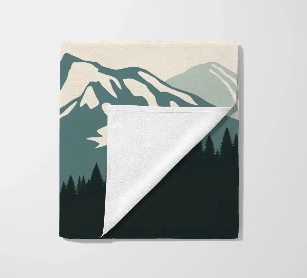 Mountains and trees art with text 'Adventure Awaits' beach towel by DesignDoodle