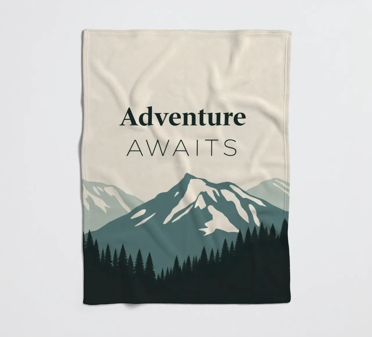 Mountains and trees art with text 'Adventure Awaits' fleece blanket by DesignDoodle