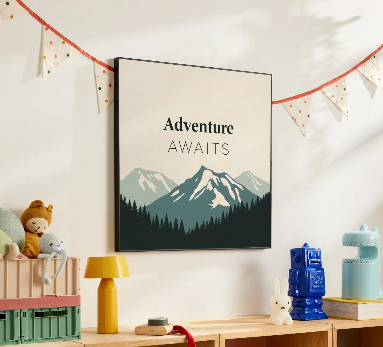 Mountains and trees art with text 'Adventure Awaits' alu-dibond by DesignDoodle