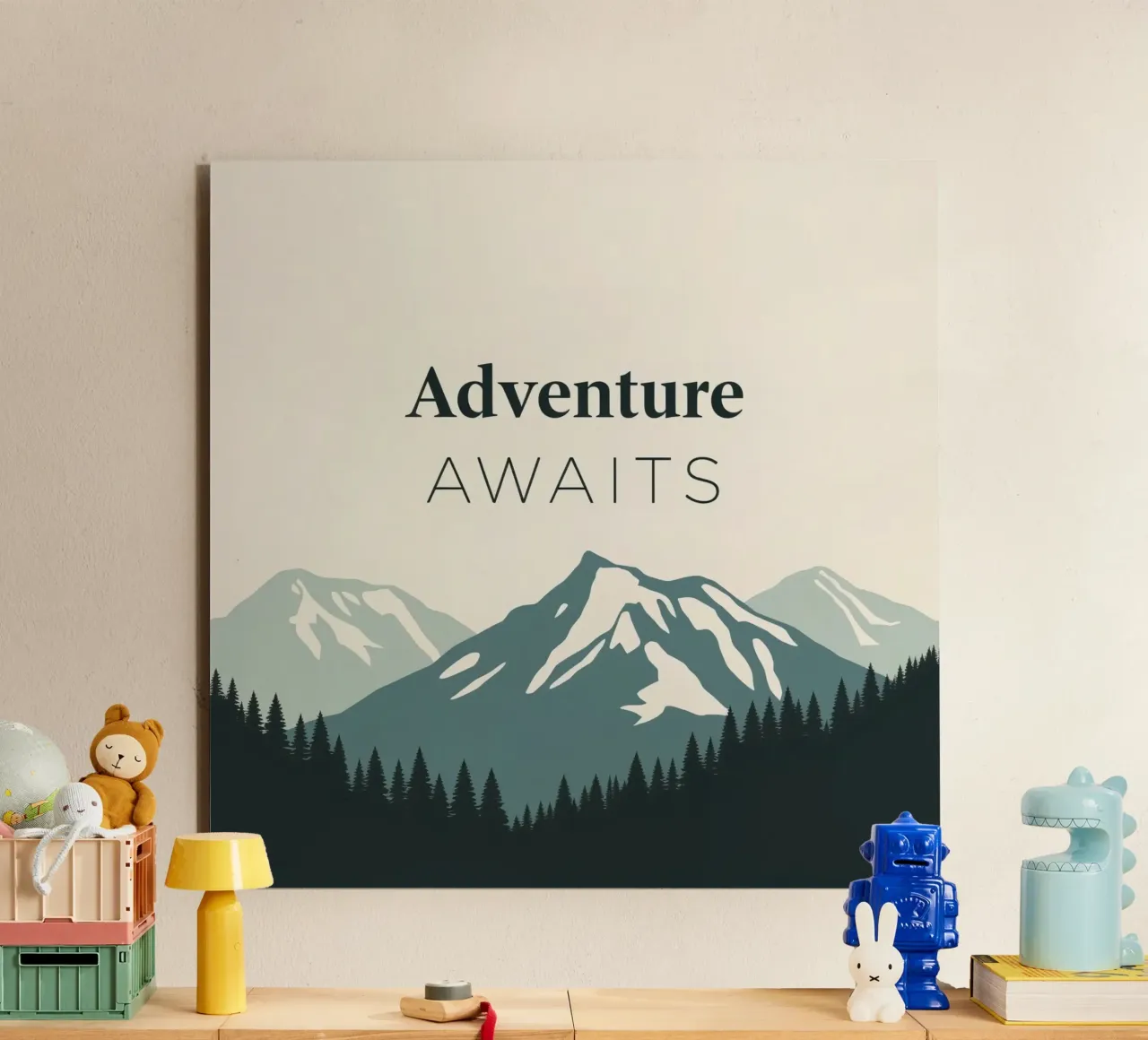 Mountains and trees art with text 'Adventure Awaits' alu-dibond by DesignDoodle