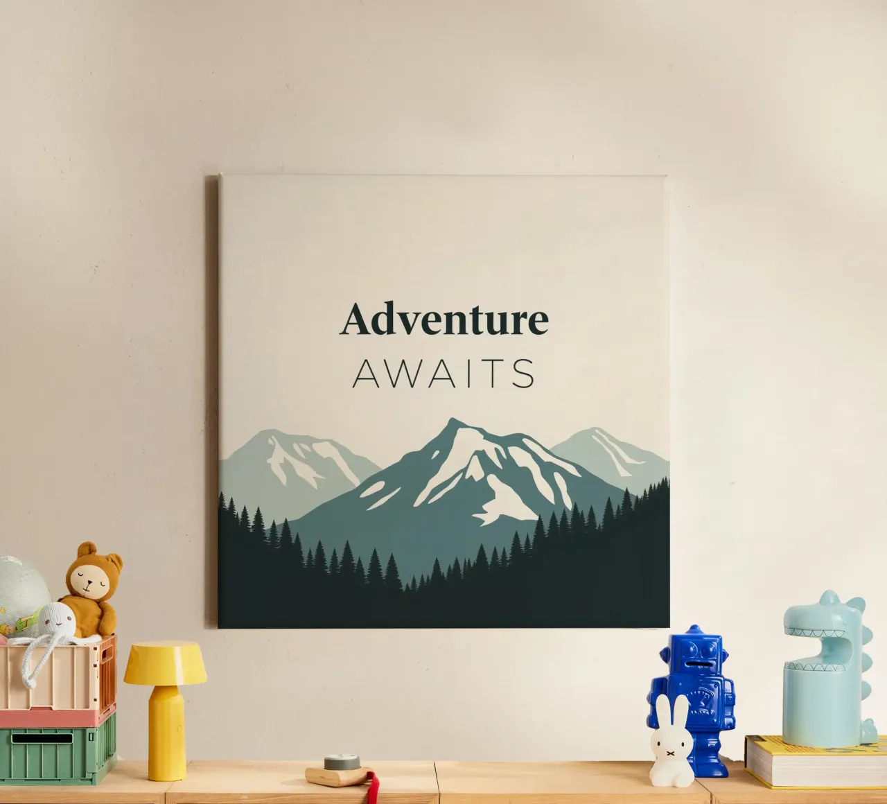 Mountains and trees art with text 'Adventure Awaits' canvas by DesignDoodle