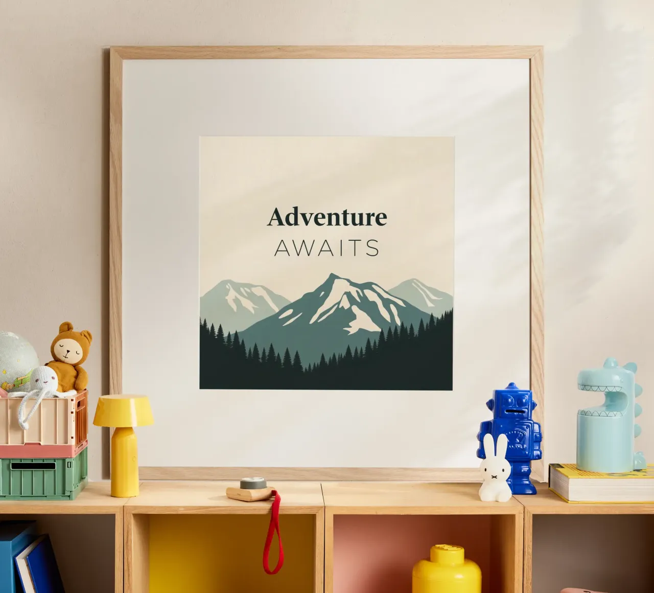 Mountains and trees art with text 'Adventure Awaits' hahnemühle by DesignDoodle