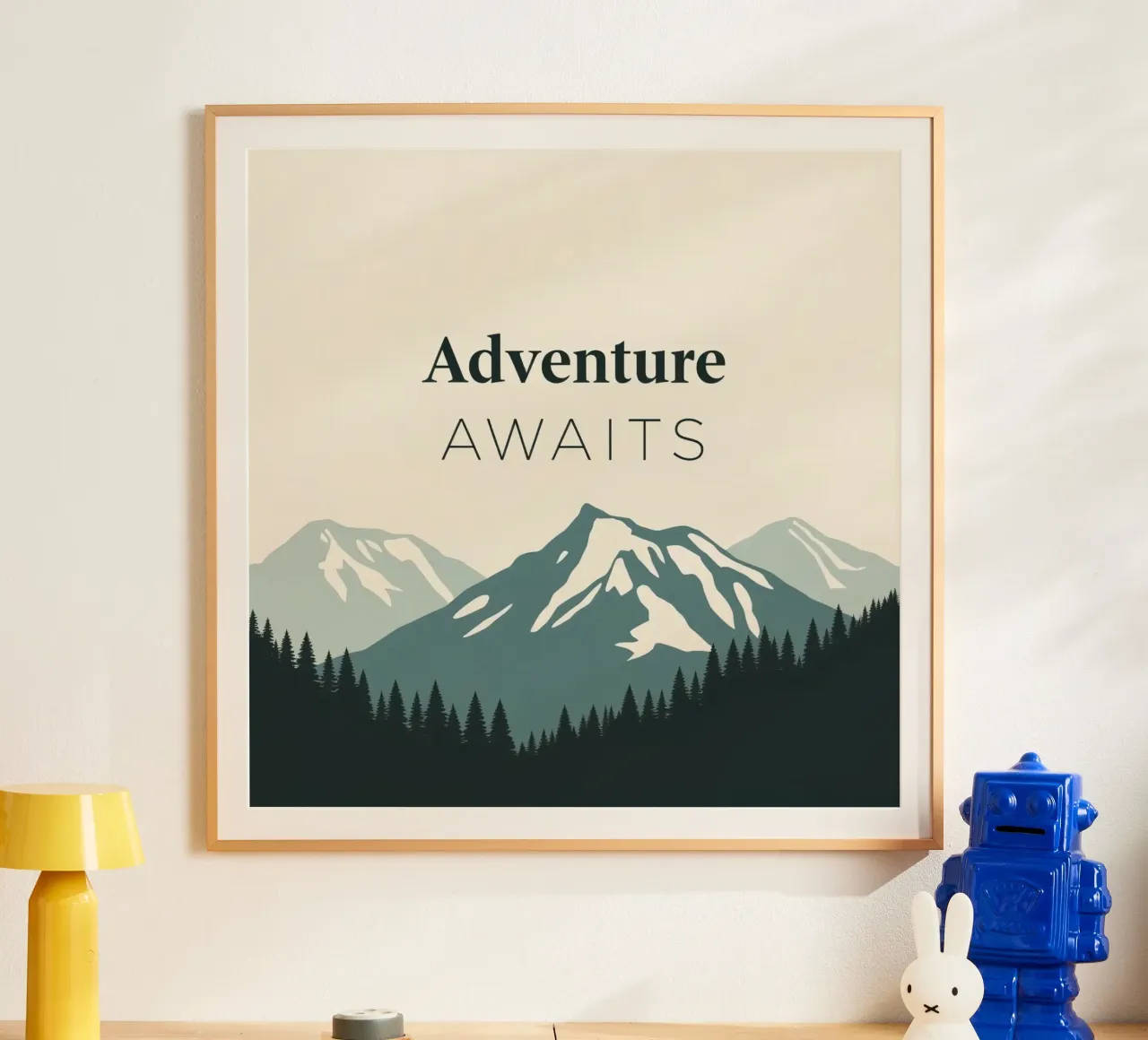 Mountains and trees art with text 'Adventure Awaits' hahnemühle by DesignDoodle