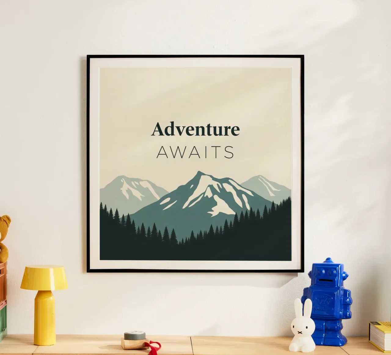 Mountains and trees art with text 'Adventure Awaits' hahnemühle by DesignDoodle