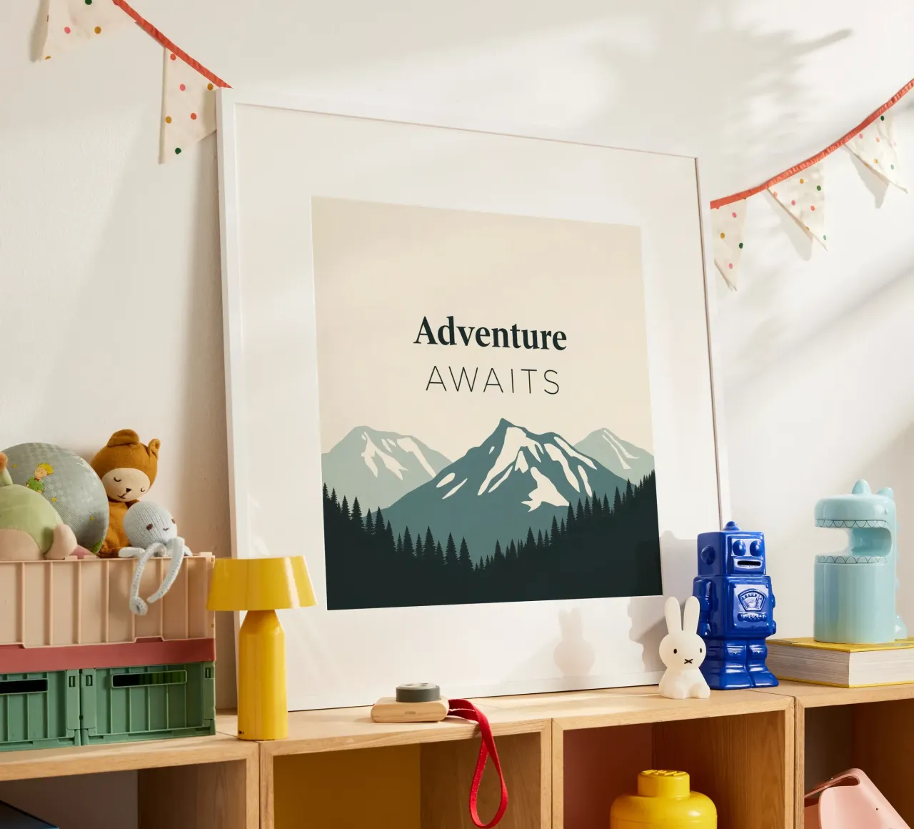 Mountains and trees art with text 'Adventure Awaits' hahnemühle by DesignDoodle