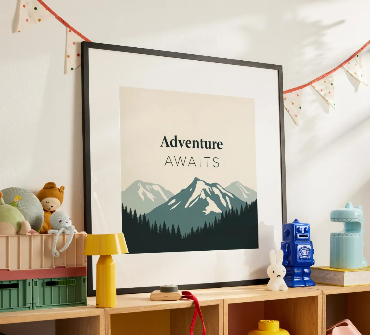Mountains and trees art with text 'Adventure Awaits' hahnemühle by DesignDoodle