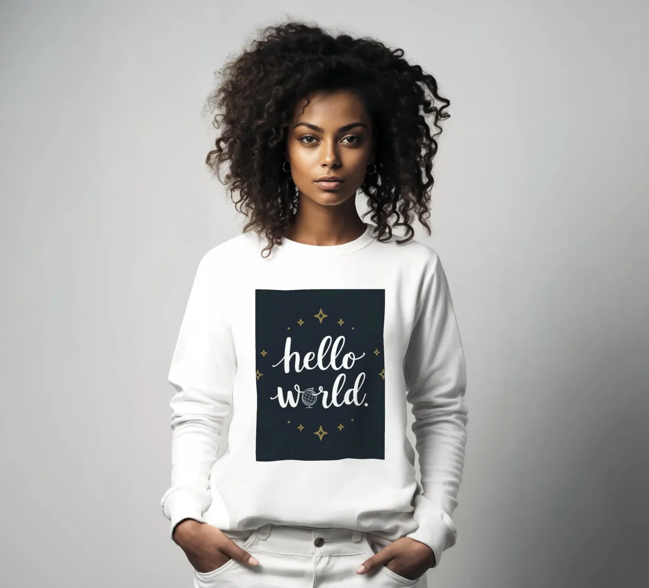 Hello world calligraphy art with globe and stars on dark art sweatshirt by DesignDoodle