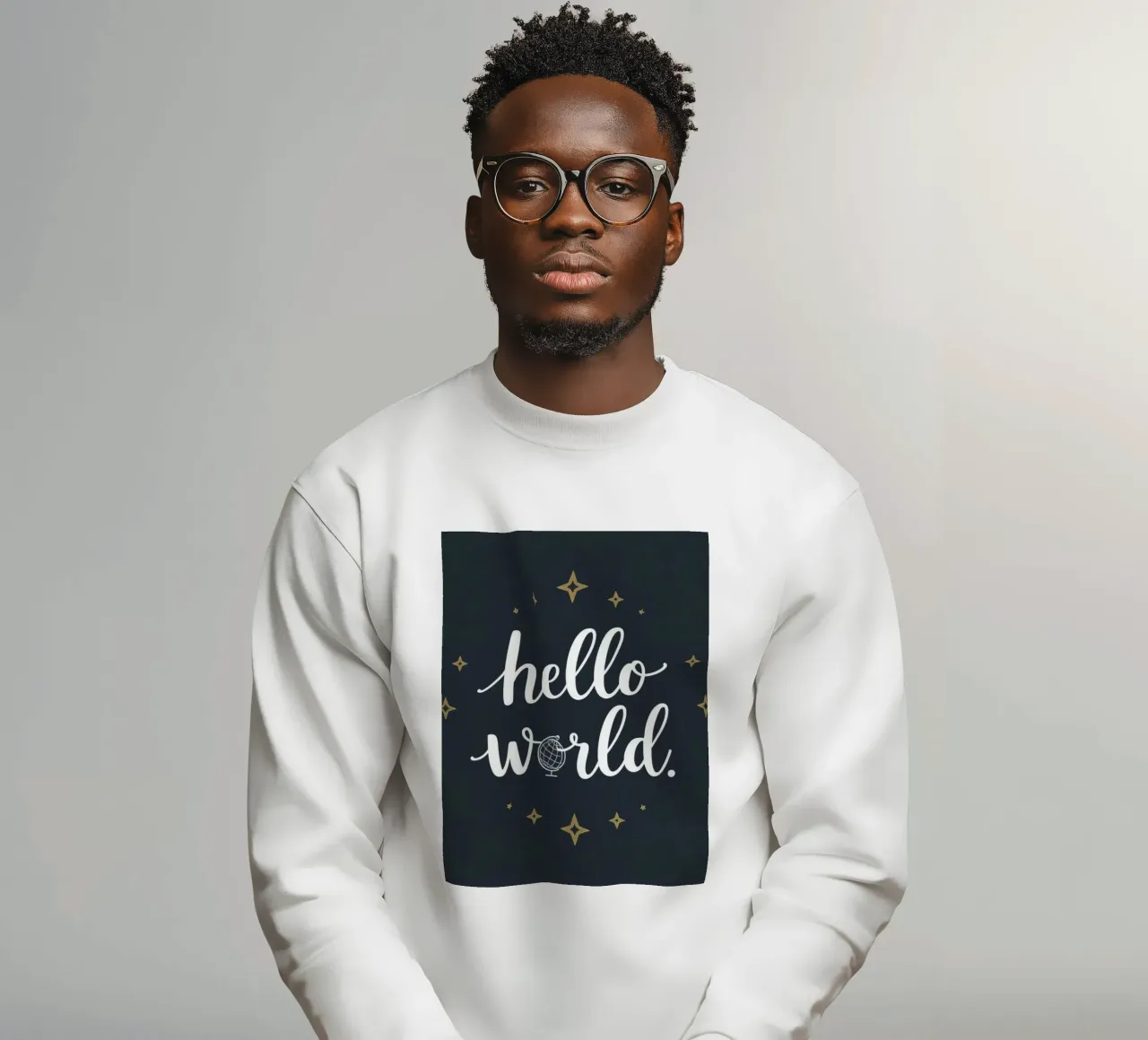 Hello world calligraphy art with globe and stars on dark art sweatshirt by DesignDoodle