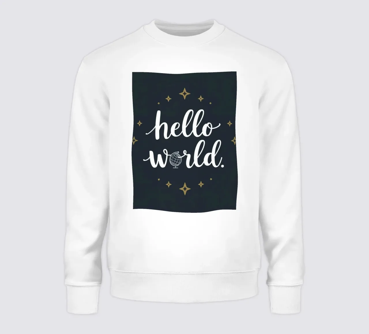 Hello world calligraphy art with globe and stars on dark art sweatshirt by DesignDoodle