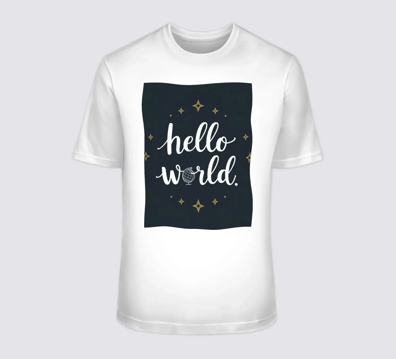 Hallo Welt Kalligraphie Kunst mit Globus und Sterne auf dunkle Kunst T-Shirt von DesignDoodle