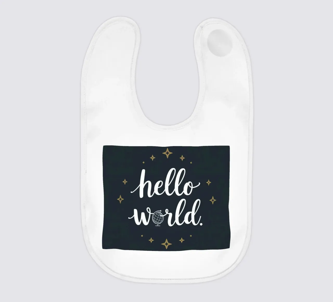 Hello world calligraphy art with globe and stars on dark art baby bib by DesignDoodle