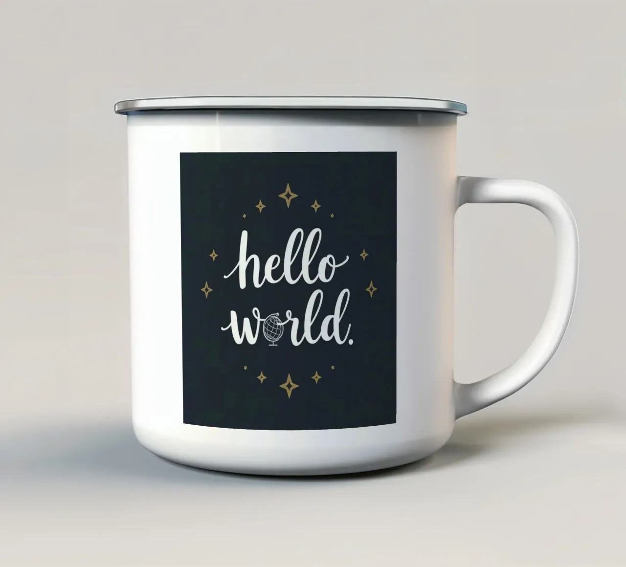 Hello world calligraphy art with globe and stars on dark art enamel mug by DesignDoodle