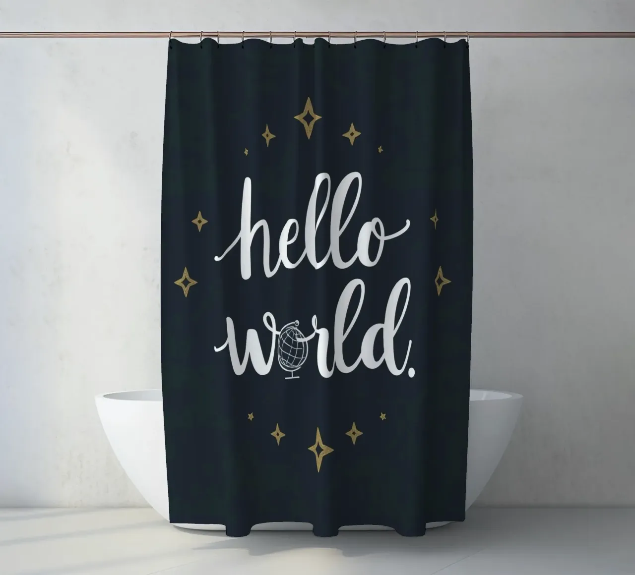 Hello world calligraphy art with globe and stars on dark art shower curtain by DesignDoodle