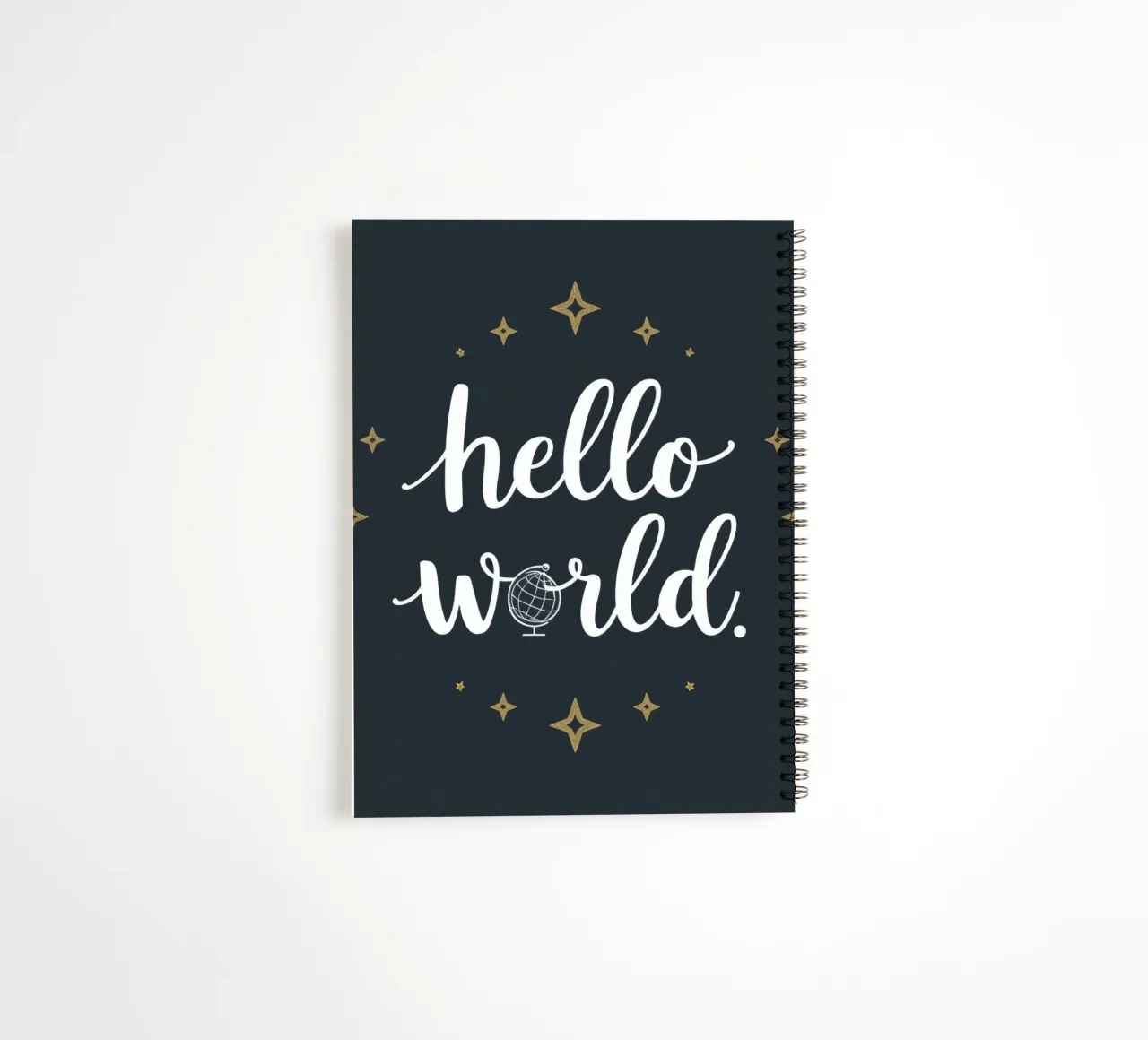 Hello world calligraphy art with globe and stars on dark art spiral notebook by DesignDoodle