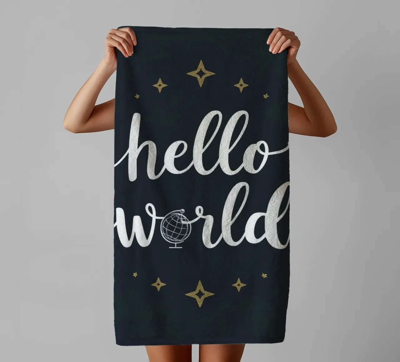 Hello world calligraphy art with globe and stars on dark art towel by DesignDoodle