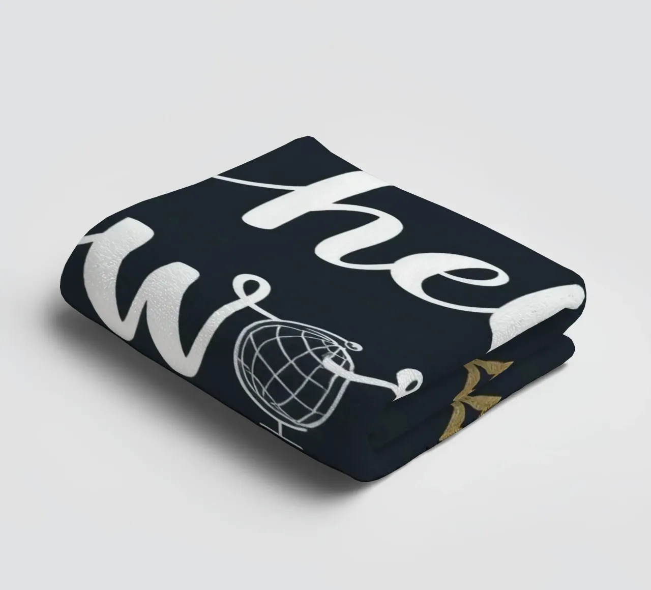 Hello world calligraphy art with globe and stars on dark art towel by DesignDoodle