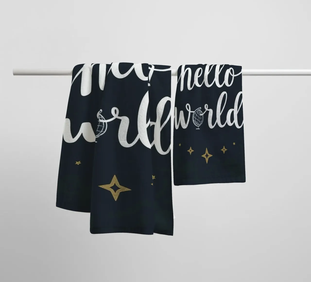 Hello world calligraphy art with globe and stars on dark art towel by DesignDoodle