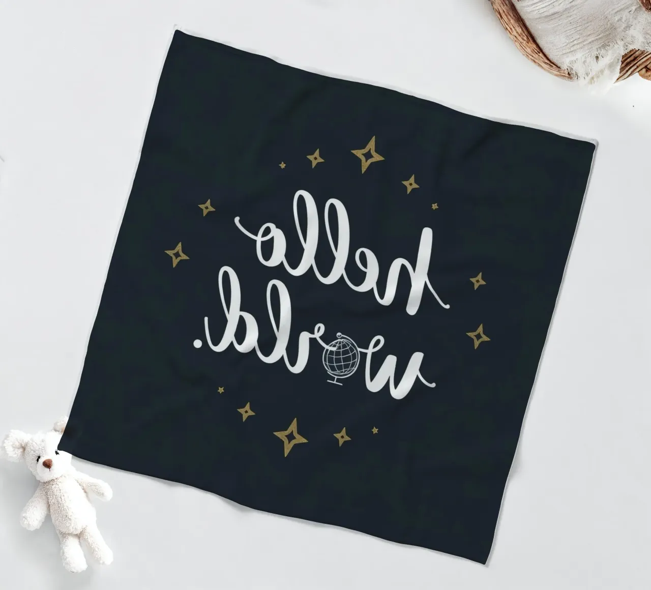 Hello world calligraphy art with globe and stars on dark art fleece blanket by DesignDoodle