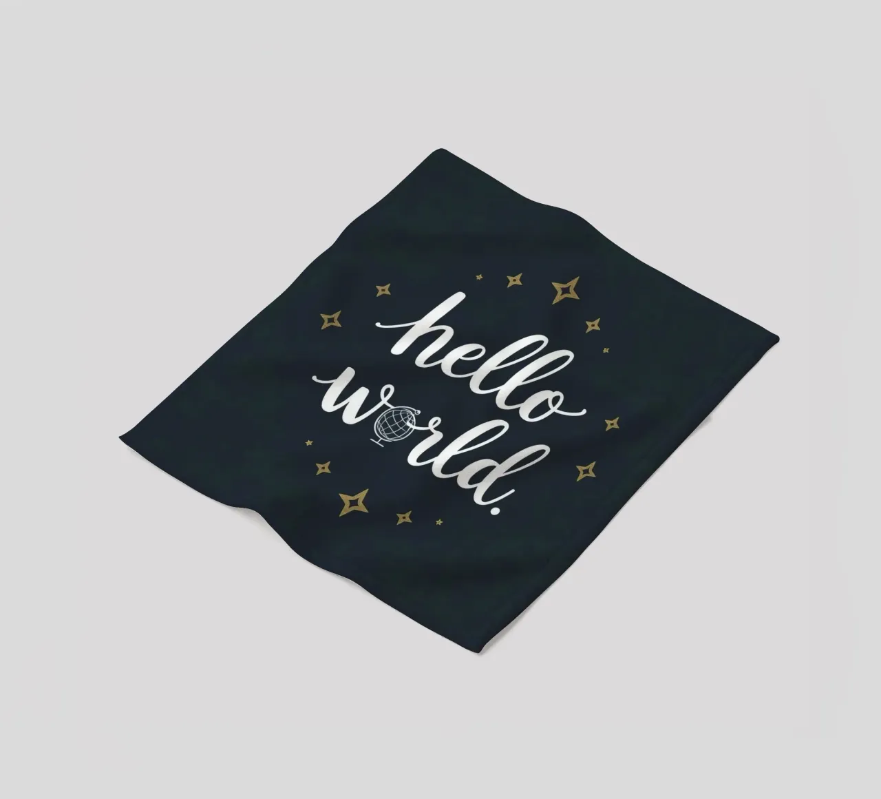 Hello world calligraphy art with globe and stars on dark art fleece blanket by DesignDoodle