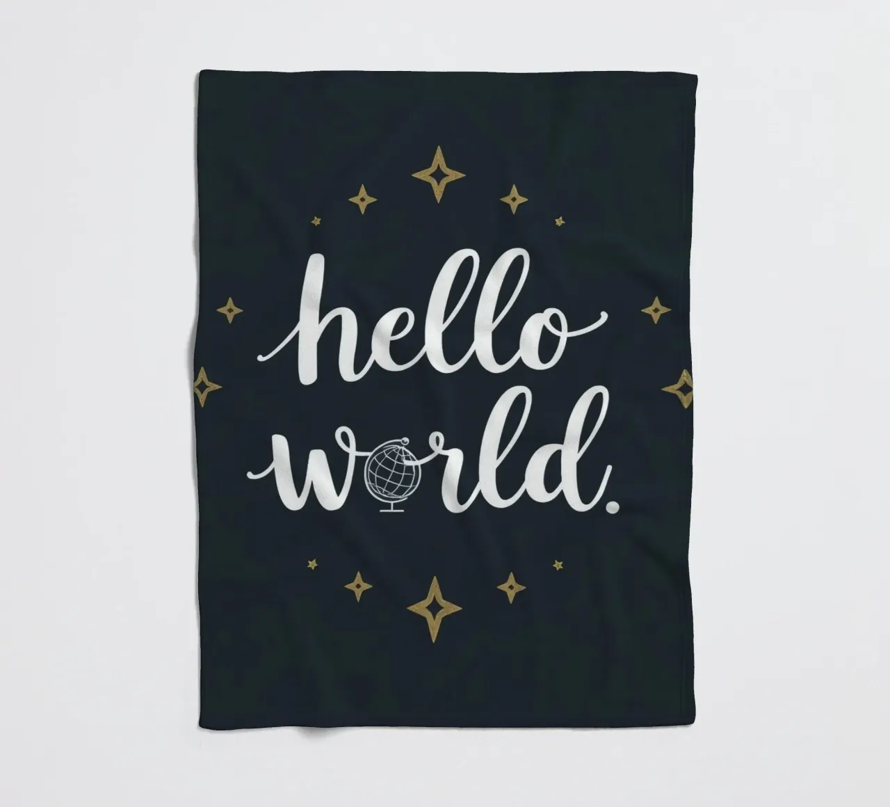 Hello world calligraphy art with globe and stars on dark art fleece blanket by DesignDoodle