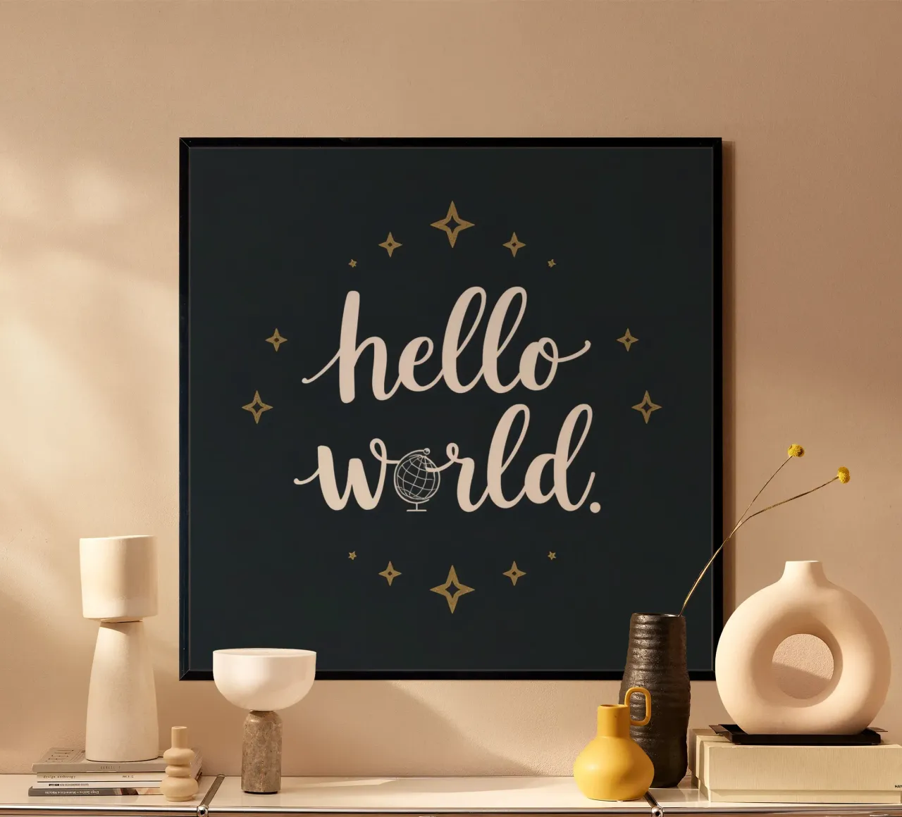 Hello world calligraphy art with globe and stars on dark art hahnemühle by DesignDoodle