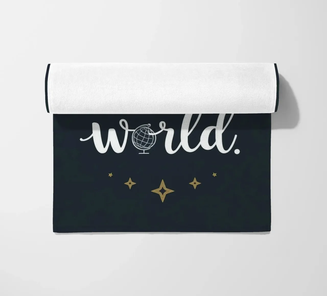 Hello world calligraphy art with globe and stars on dark art beach towel by DesignDoodle
