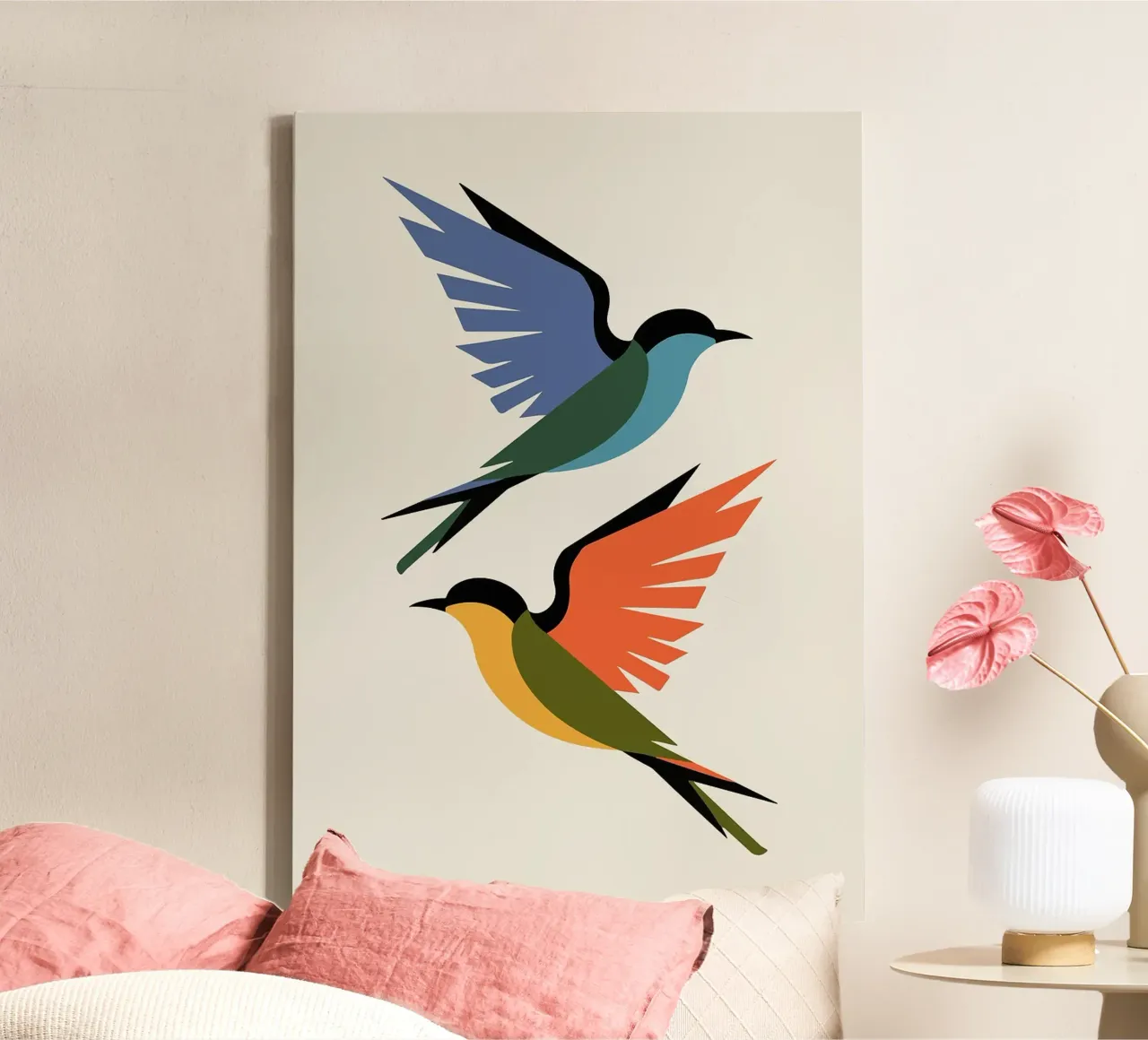 Kleurrijke abstracte vogels in vlucht canvas van BirdShop