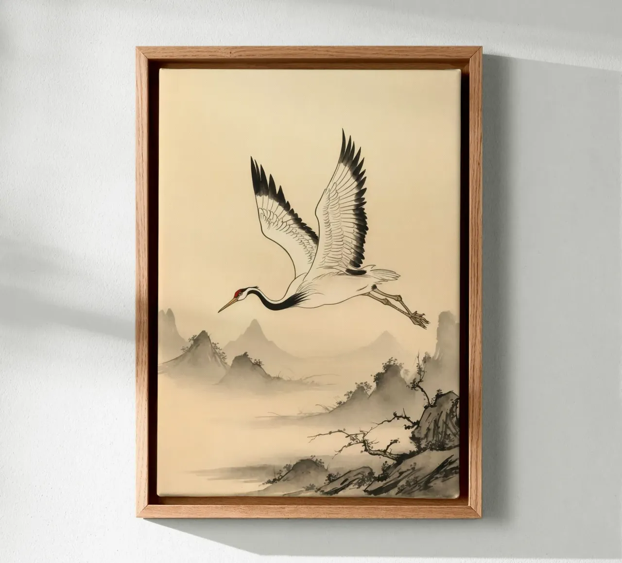 Majestic White Crane in Flight over a Misty Lake Minimalist canvas with Floater frame by BirdShop