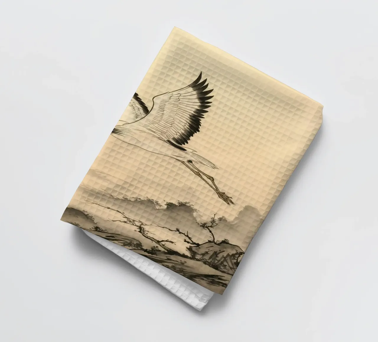 Grue blanche majestueuse en vol au-dessus d'un lac brumeux Minimaliste torchon de BirdShop