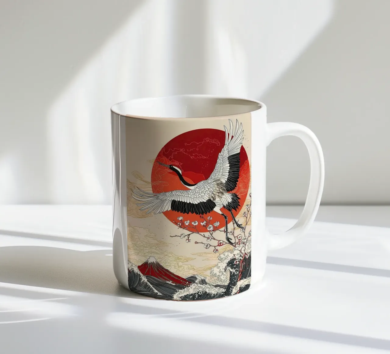 Japanese Crane with Mount Fuji Art ceramic mug by BirdShop
