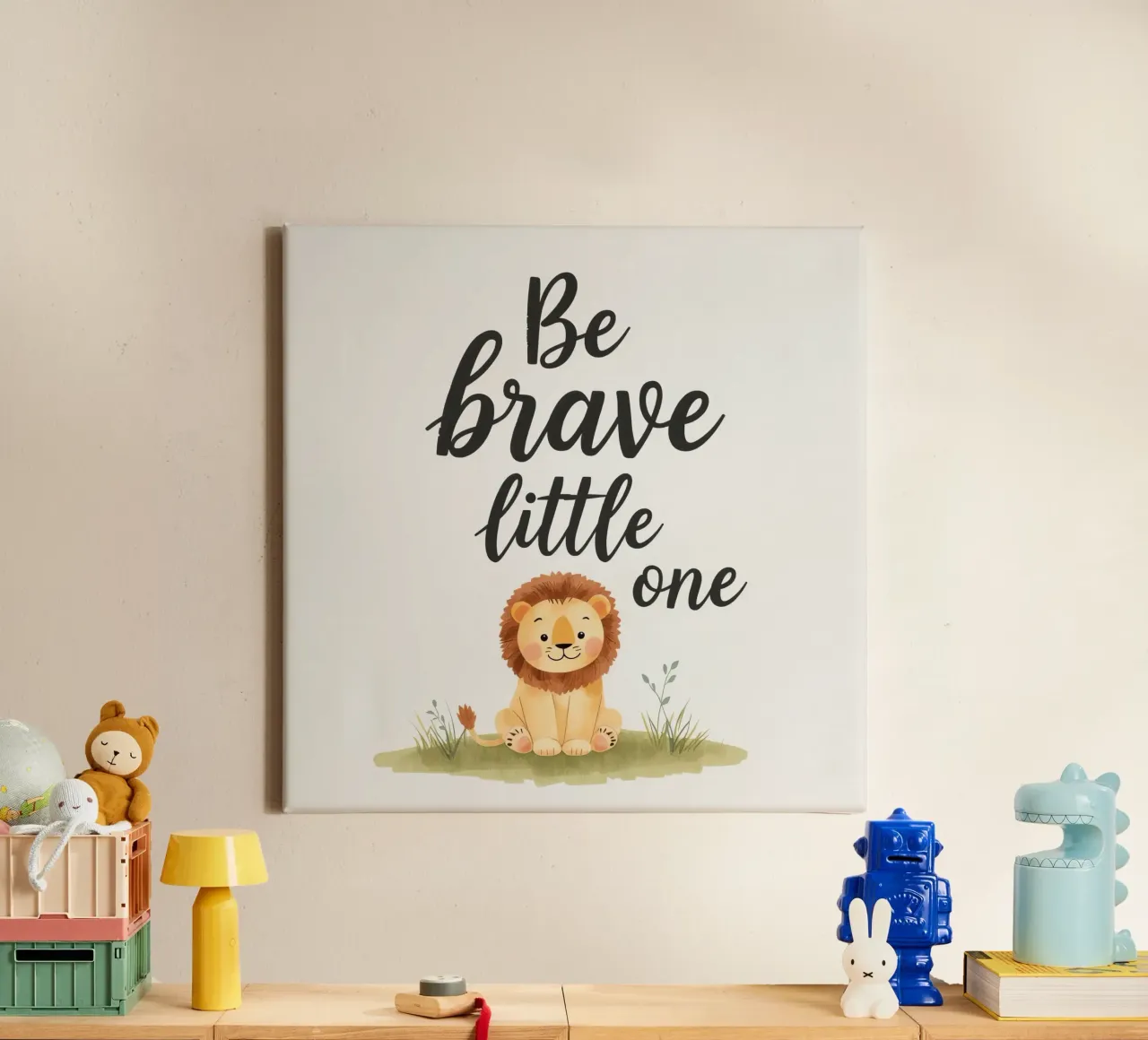 schattig leeuwenwelpje met 'wees dapper kleintje' canvas van DesignDoodle