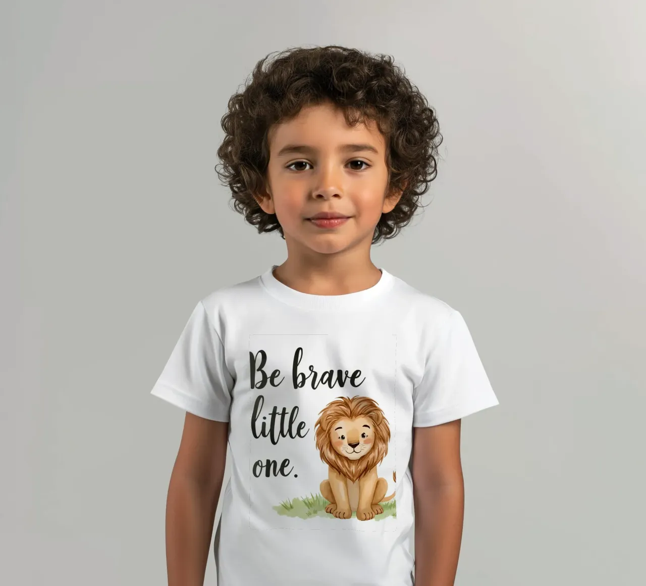 Be brave little one art with a cartoon lion sitting on grass kids t-shirt by DesignDoodle
