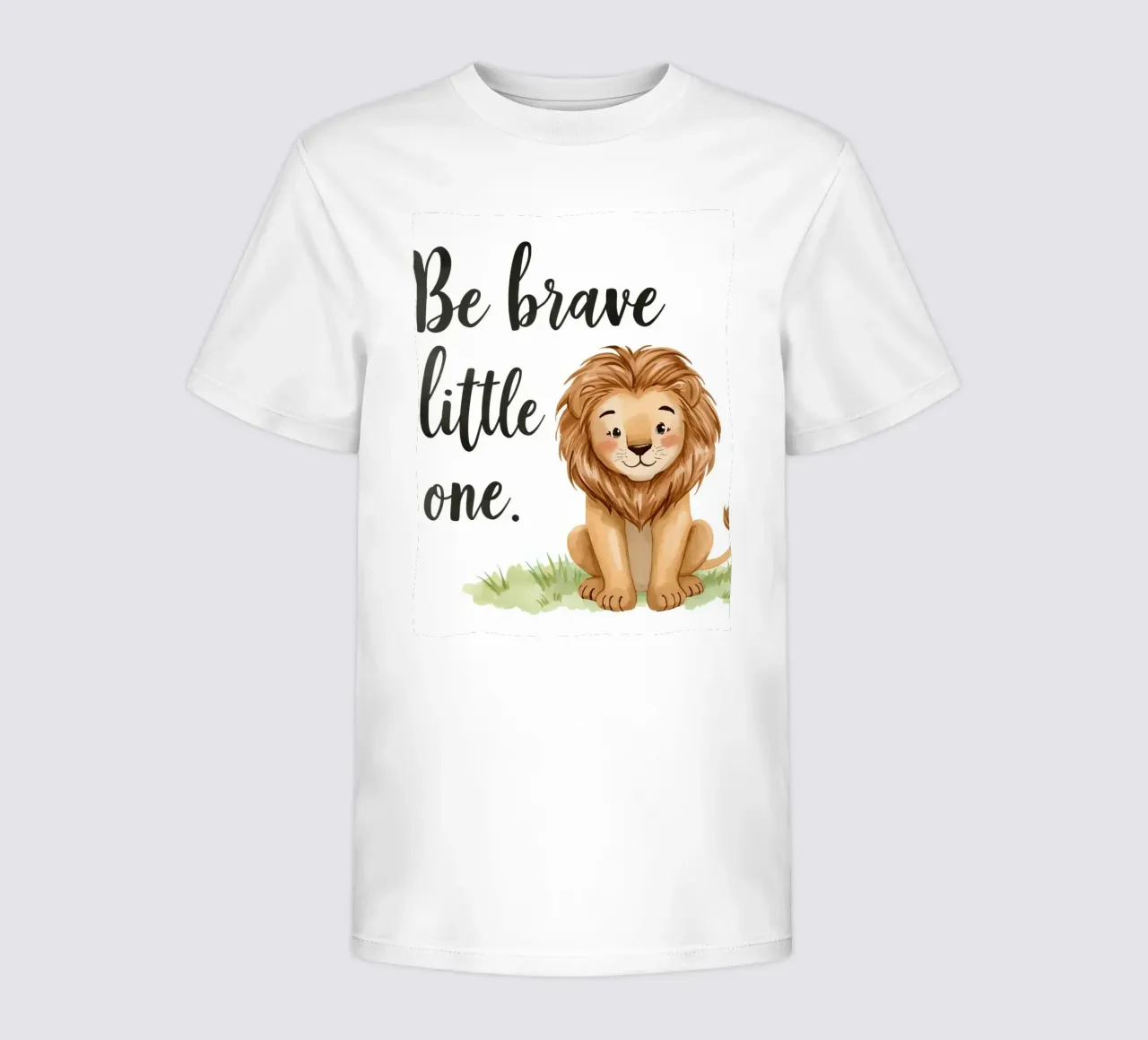 Be brave little one art with a cartoon lion sitting on grass kids t-shirt by DesignDoodle
