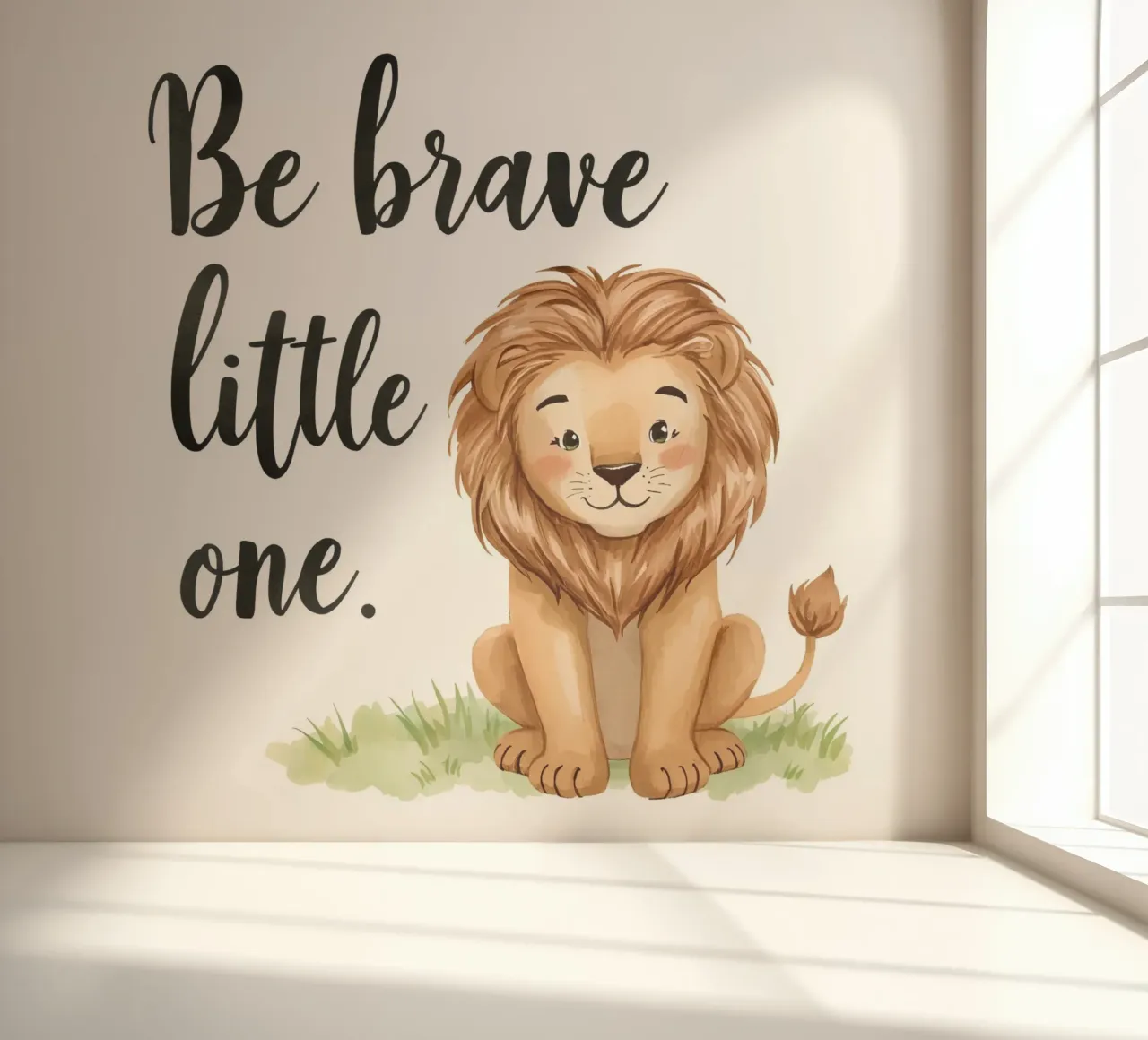 Be brave little one art con un león de dibujos animados sentado en la hierba papel para pared de DesignDoodle