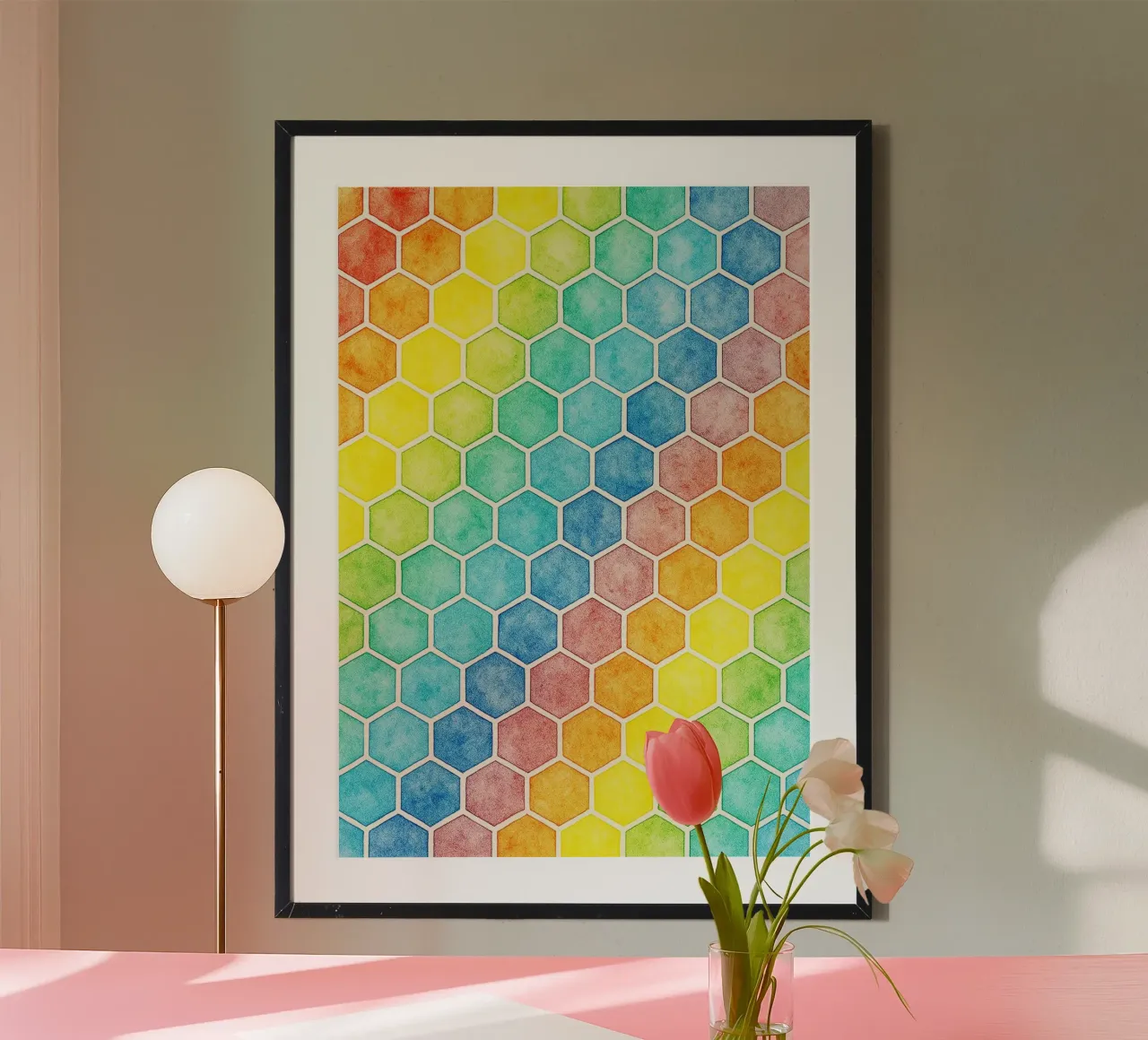 línea geométrica abstracta de tejido de bambú poster con marco de madera de arkhanz