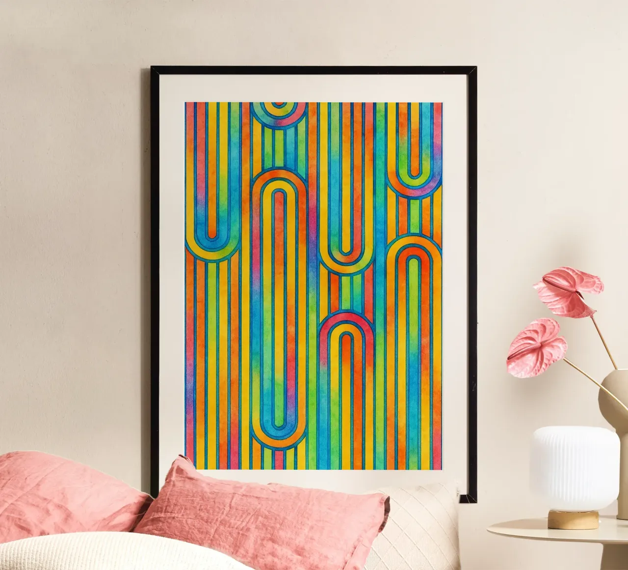 linea geometrica astratta colorfull poster con telaio in legno da arkhanz