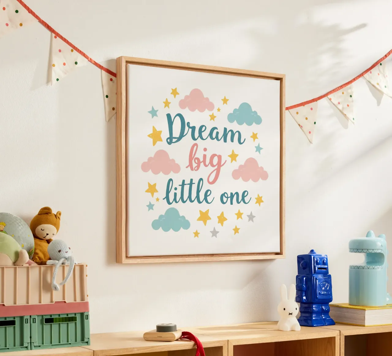 Dream big little one text art surrounded by stars and clouds canvas by DesignDoodle