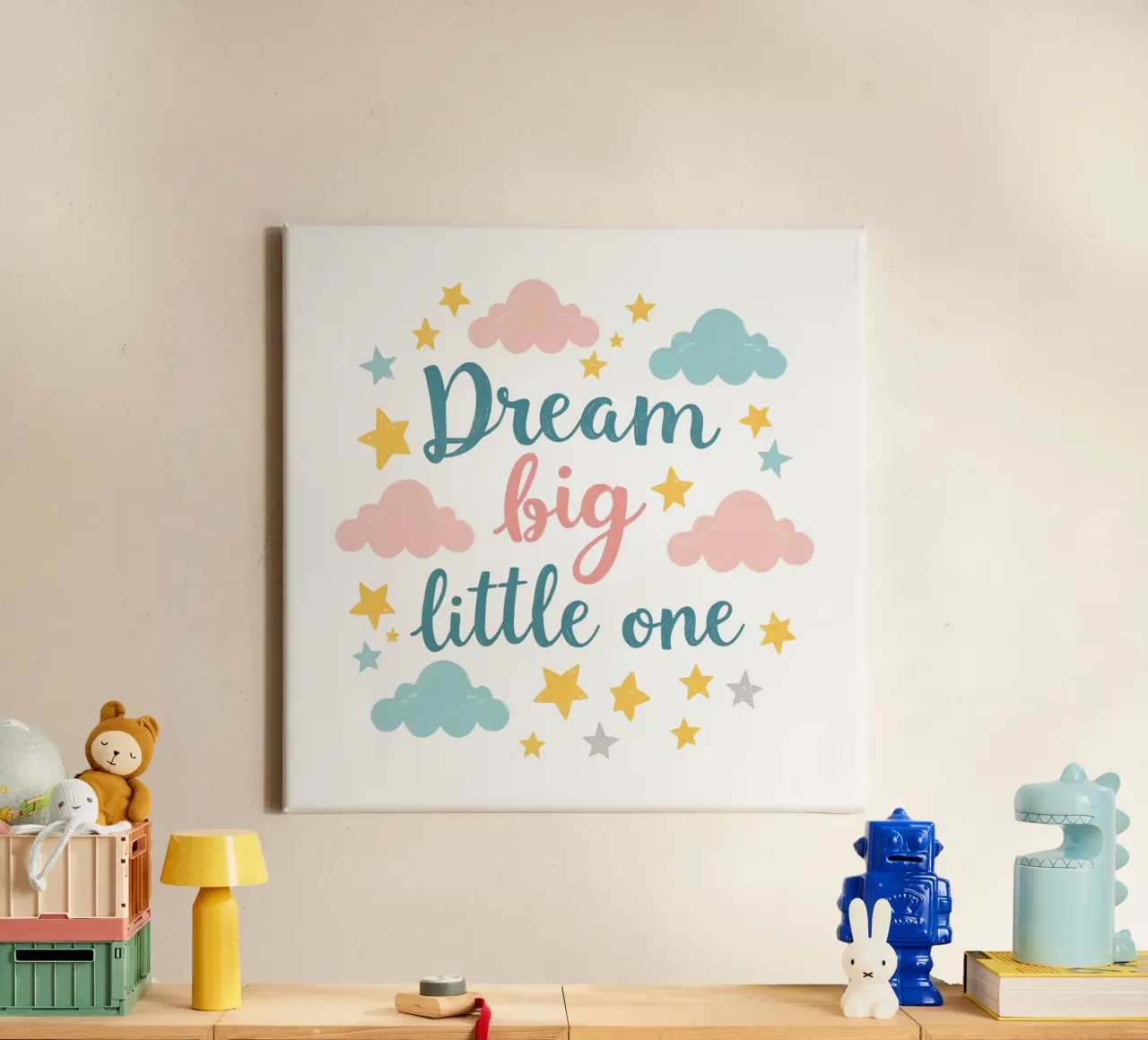 Dream big little one text art surrounded by stars and clouds canvas by DesignDoodle