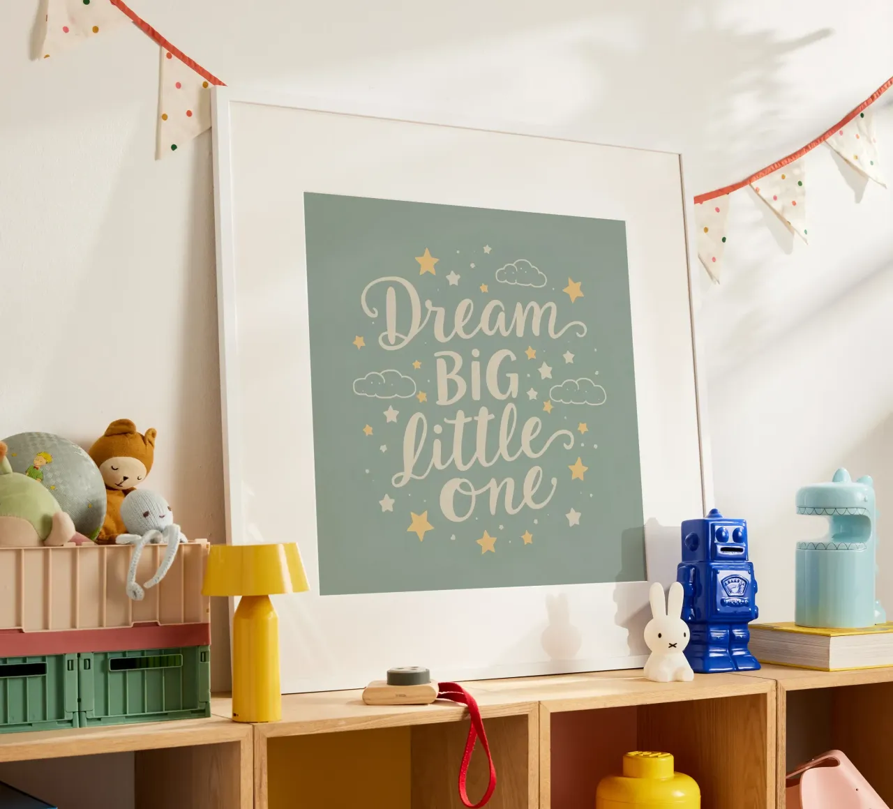 sognare in grande con le nuvole e le stelle dei cartoni animati su un bambino carta hahnemühle da DesignDoodle