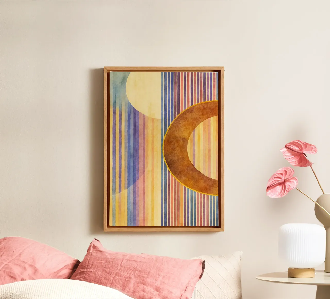 abstract geometric crescent moon line canvas with Floater frame by arkhanz