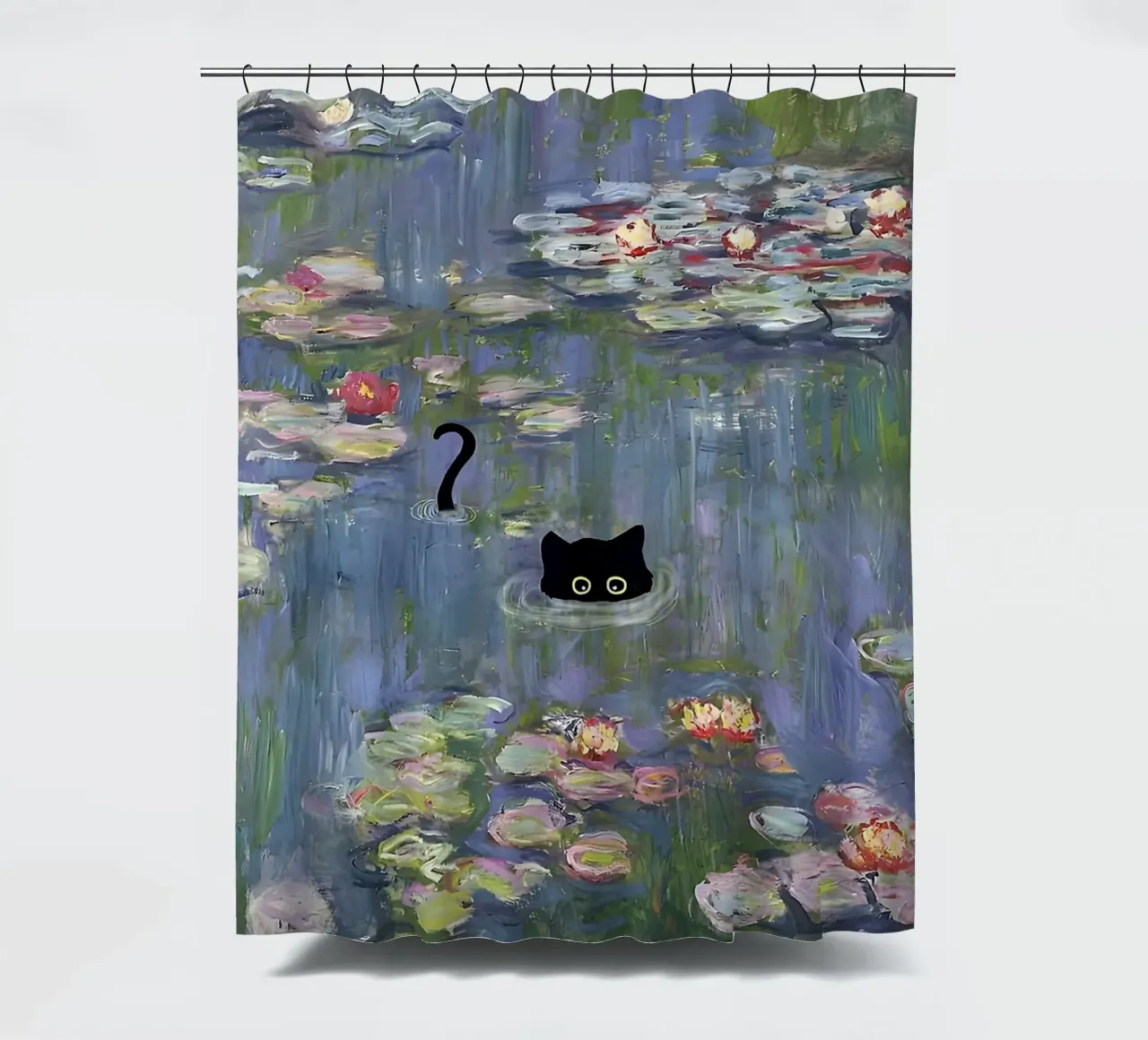 Cat Monet Waterlily Black Cat shower curtain by ART BEST