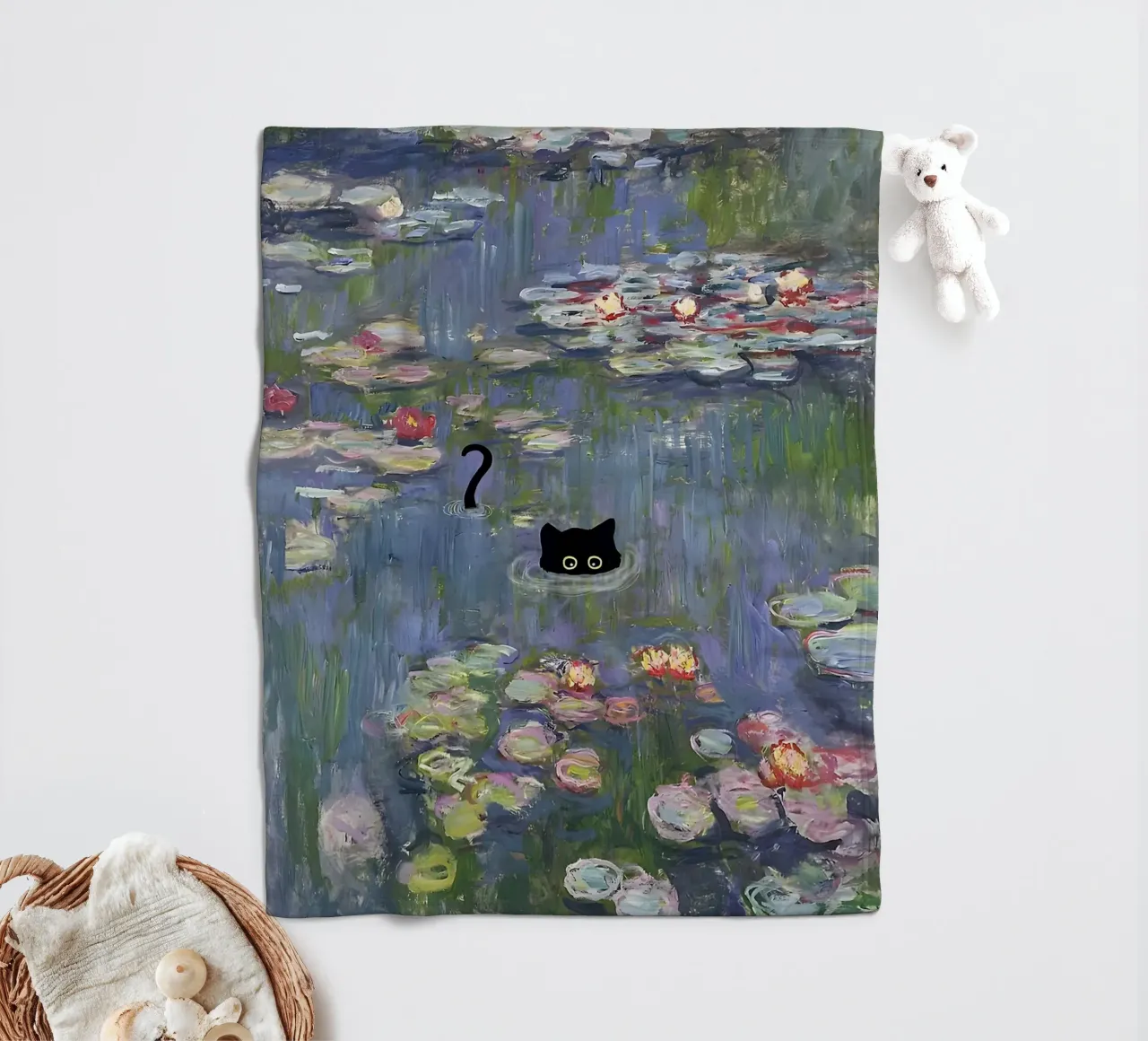 Cat Monet Waterlily Black Cat fleece blanket by ART BEST