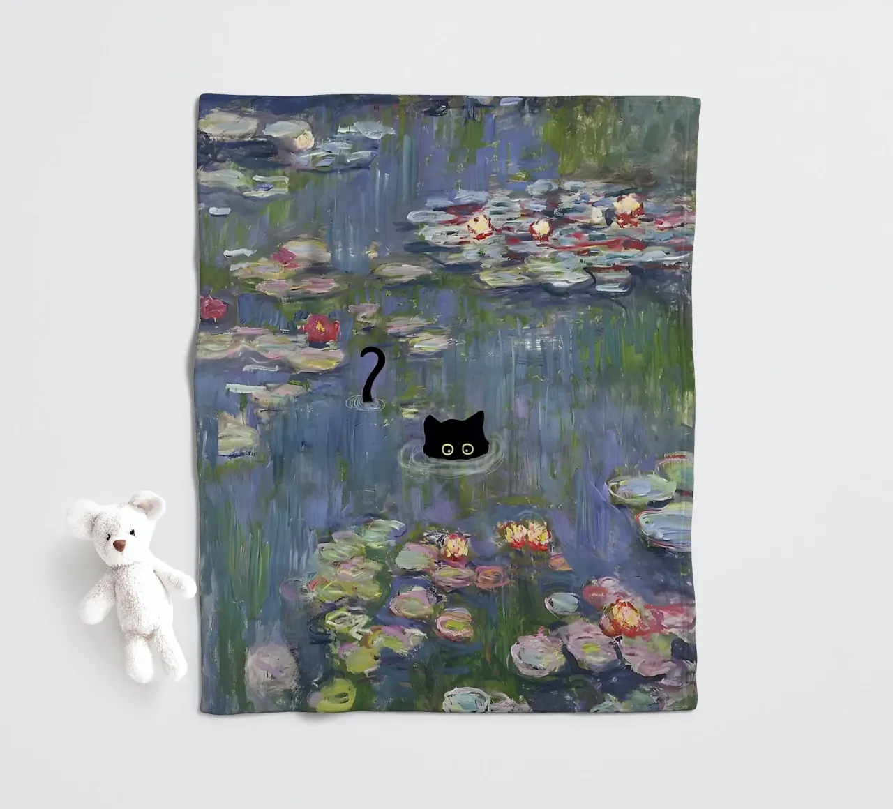 Cat Monet Waterlily Black Cat fleece blanket by ART BEST