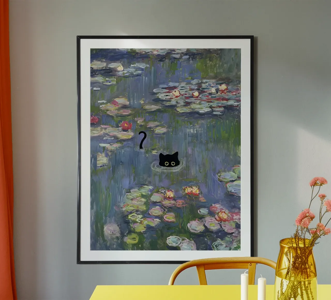 Katze Monet Seerose Schwarze Katze Poster mit Kunststoffrahmen von ART BEST
