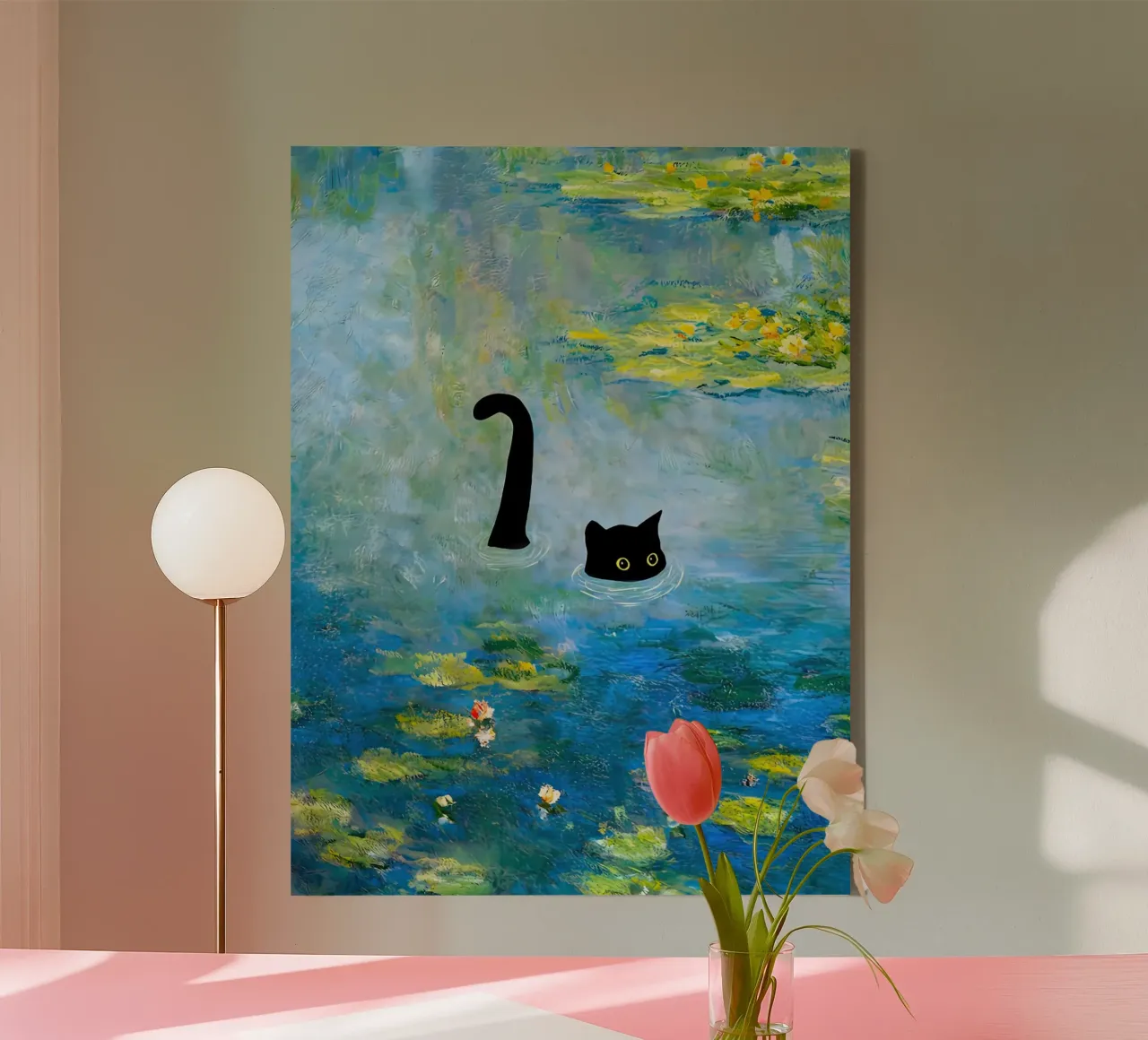 Gatto di Monet tra le ninfee tela con Cornice a cassetta da ART BEST