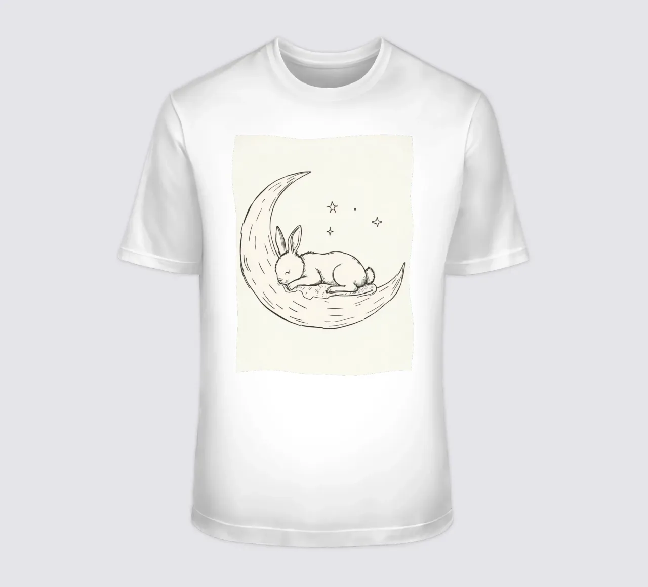 Sleeping bunny rests peacefully on a crescent moon t-shirt by DesignDoodle