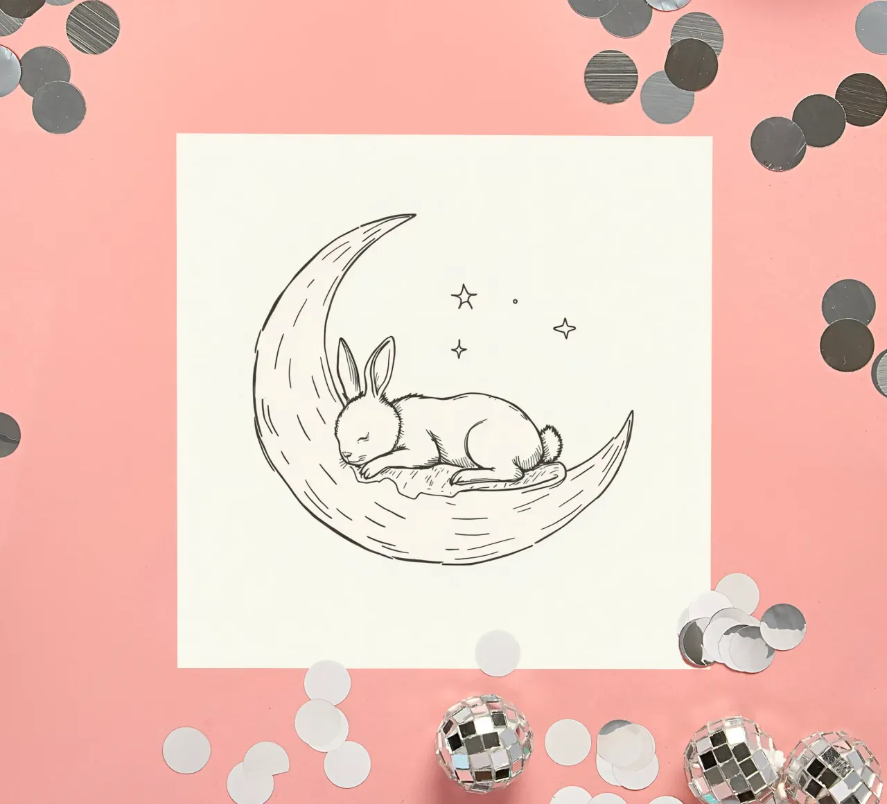 Un lapin endormi repose paisiblement sur un croissant de lune autocollant de DesignDoodle