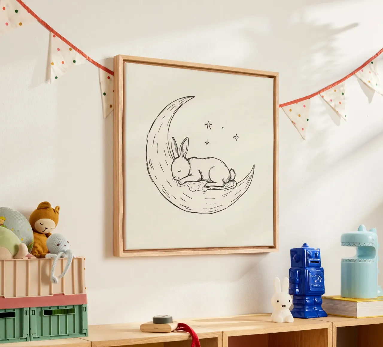 Sleeping bunny rests peacefully on a crescent moon canvas by DesignDoodle