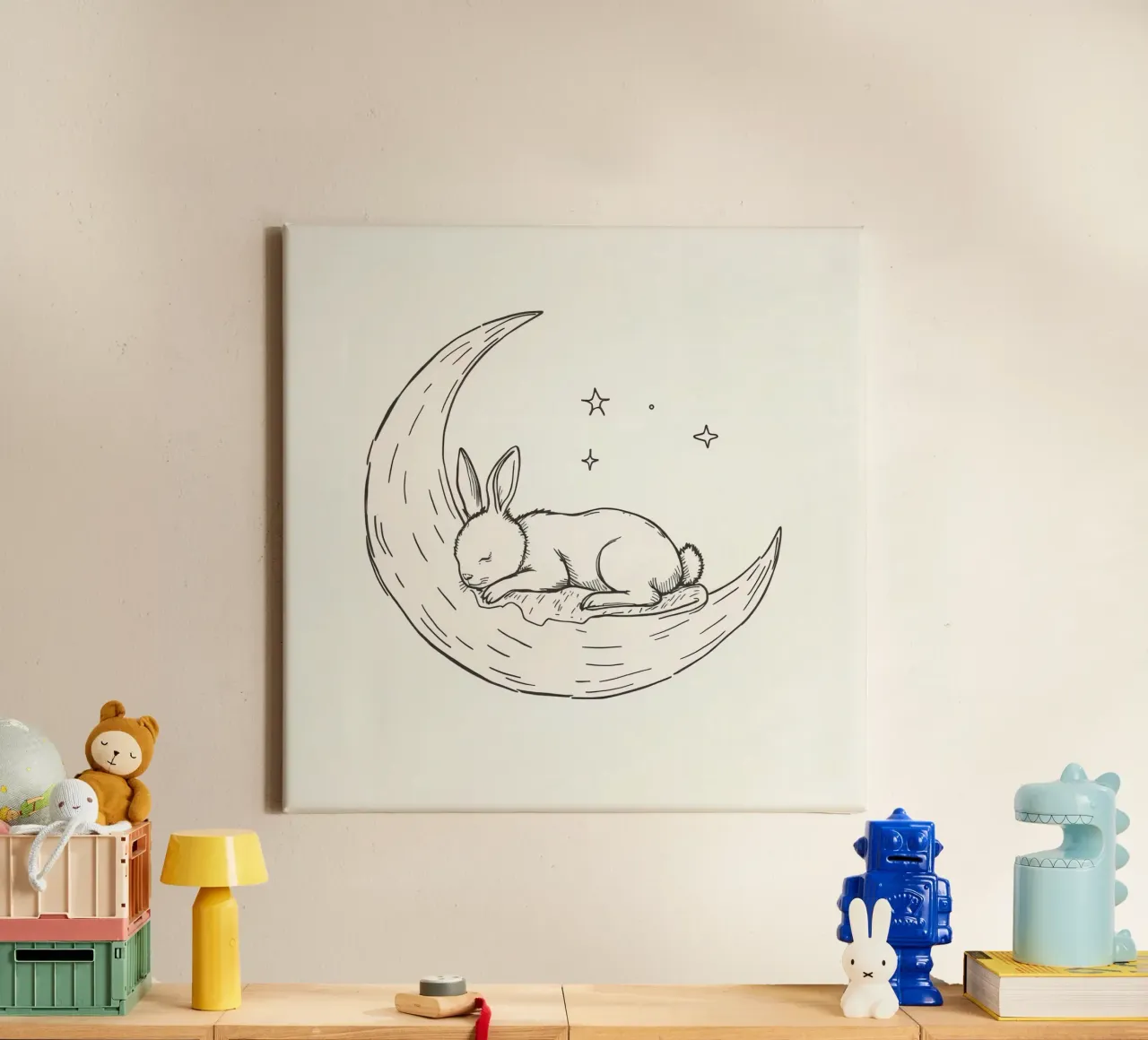Sleeping bunny rests peacefully on a crescent moon canvas by DesignDoodle